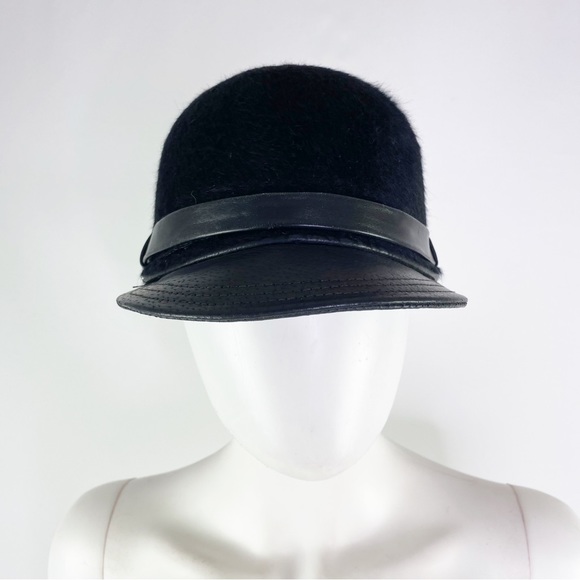 Sarah Havens Millinery Black Riding Cap Style Fur Hat with Leather Buckle - Picture 2 of 5
